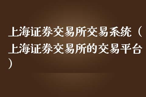 上海证券交易所交易系统（上海证券交易所的交易平台）_https://www.xmqjcw.com_期货投资_第1张